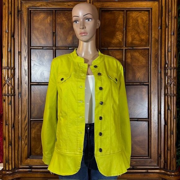 NWOT Nina Leonard Chartreuse Stretch Cotton Blend Peplum Hem Denim Jacket - Picture 1 of 10